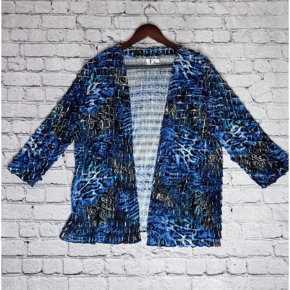 N‎ Touch Blue Black Abstract Print Crinkle Knit Cardigan Jacket Women OS